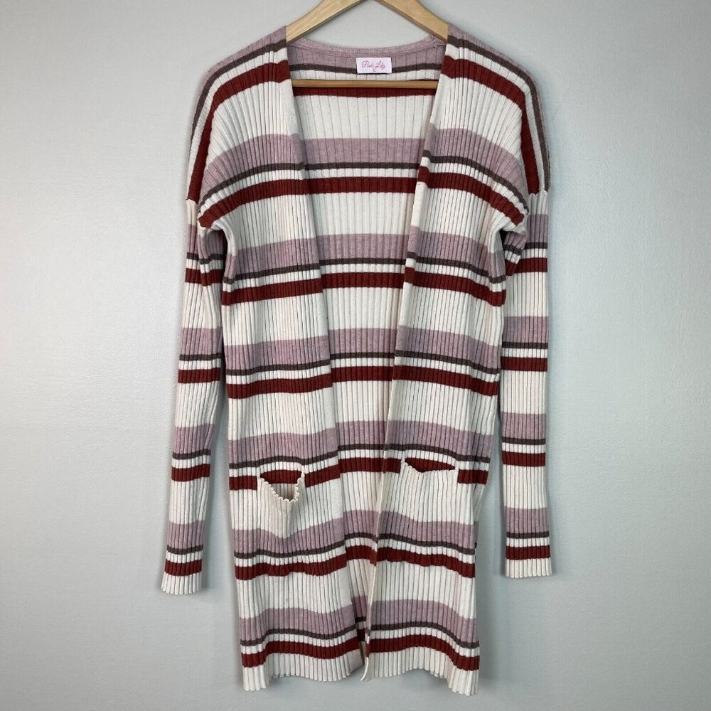 Pink Lily Cardigan Large Striped Pink Ivory Rib‎ Knit Open-Front Sweater Women's